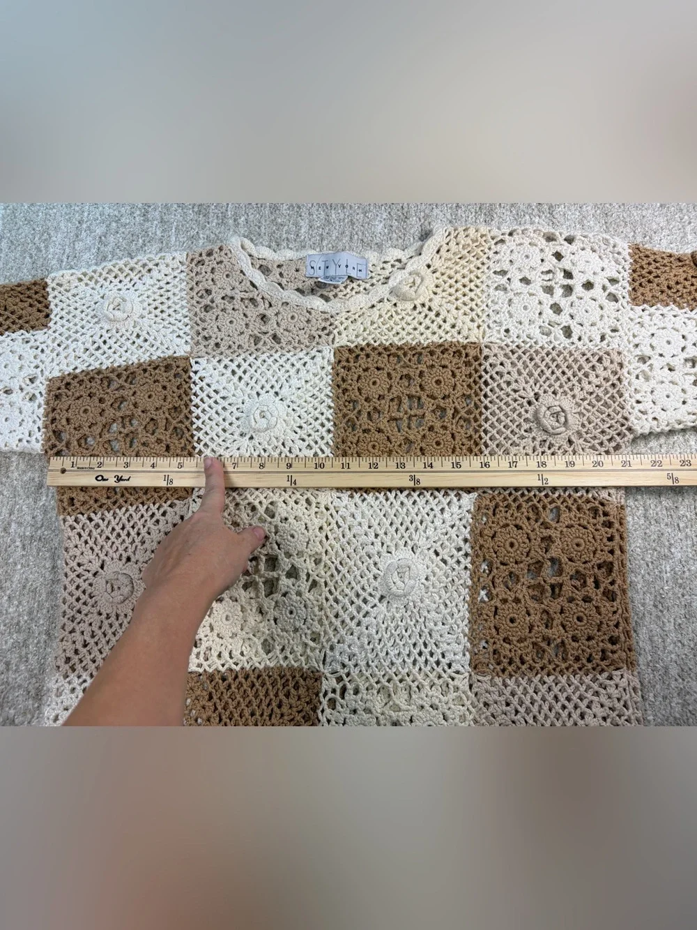Vintage Neutral Crochet Patchwork Throw - Cream & Brown